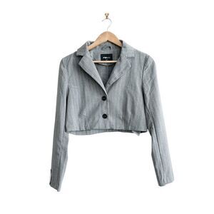 FB Sister Womens Blazer Jacket Cropped Button Stripes Gray White Small